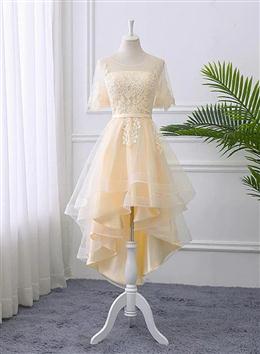 Picture of Adorable Light Champagne High Low Party Dresses with Lace Applique, Short Homecoming Dresses